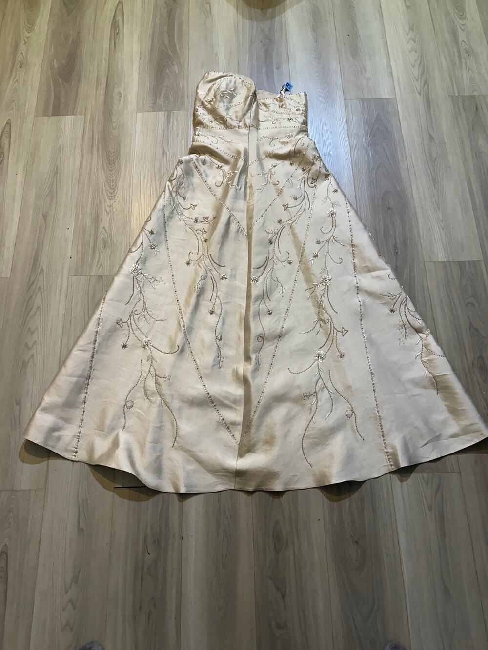 Montage by Mon Cheri Champagne Silk Gown Strapless Embroidered Beaded Size 8